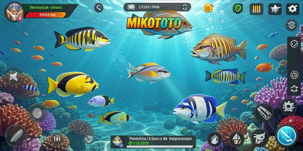 Tampilan gameplay MIKOTOTO dengan ikan berwarna-warni yang menunggu untuk ditembak.