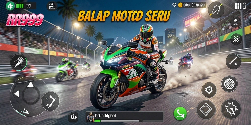 Screenshot gameplay RR999 menampilkan aksi balap motor yang mendebarkan.