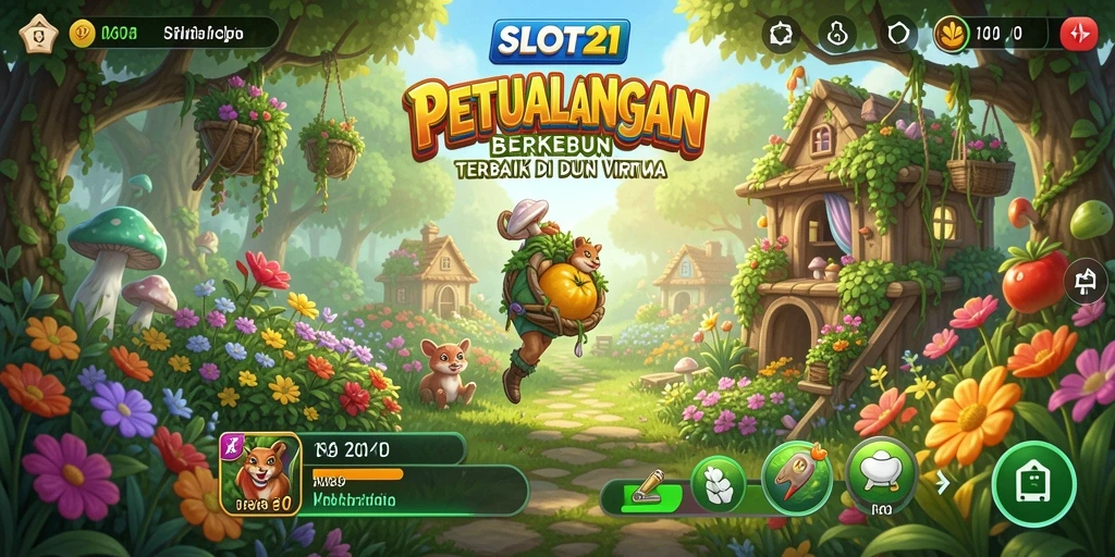 Tampilan gameplay SLOT21 yang menarik dan penuh warna menampilkan aktivitas berkebun.