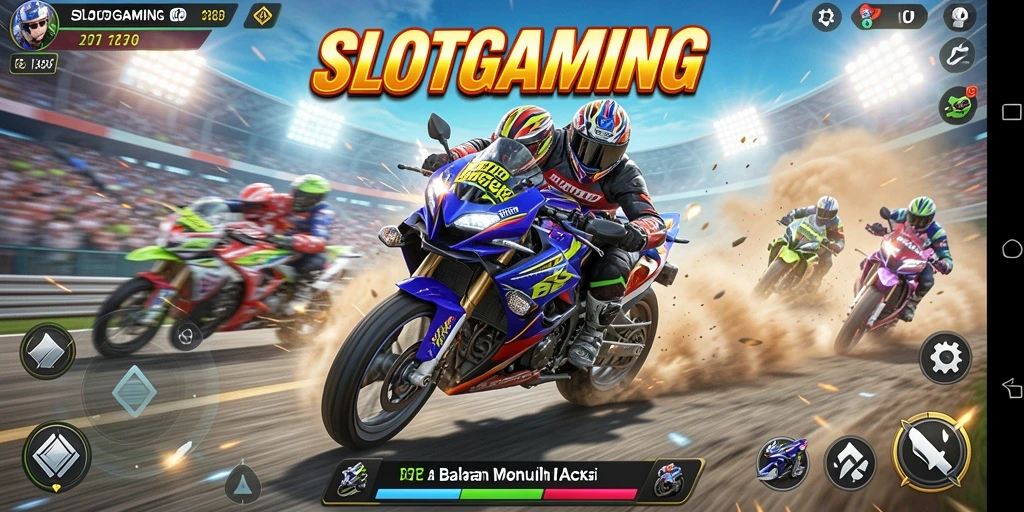 Screenshot gameplay SLOTGAMING menampilkan balapan motor yang seru dan menegangkan.